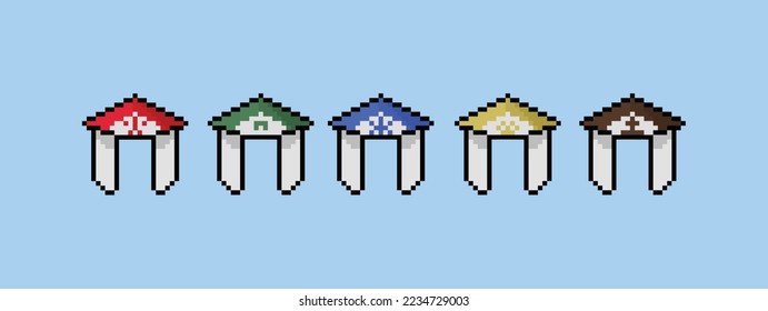 This is an illustration of 5 hats (leader symbol) in pixel art, there are red, green, blue, brown and yellow hats. It can be used for game items.