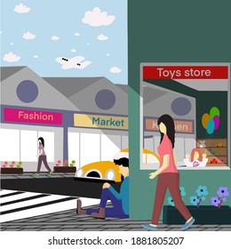 This illustration is about the activities that occur in the city, some are walking, some are sitting relaxed, the atmosphere in the city is surrounded by shops
