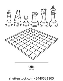 This illustration is about chess. The chess pieces (king, queen, rook, fishop, night, pawn) and chessboard.