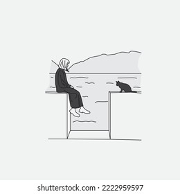 This illustration is about a girl alone accompanied by a black cat. This design is kept simple and minimalist.