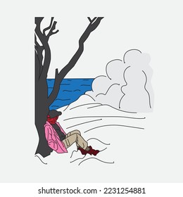 This illustration is about a girl wearing a hijab in winter. Sit alone under a tree whose leaves have fallen while enjoying the view to the sea.
