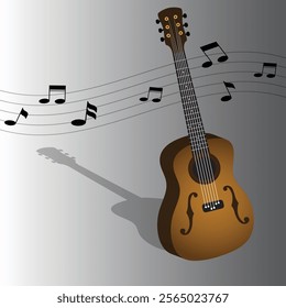 This is an illustration of a Acoustic Guitar, featuring a warm brown body with detailed strings and soundholes. It includes musical notes and a musical staff in the gradient background, Eps 10 vector