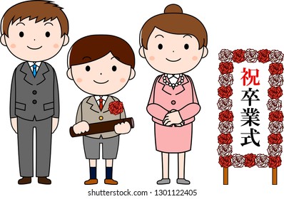This is an illustration of agraduate student and parents at the Graduation ceremony. The sign says that the graduation ceremony.