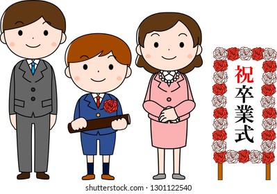 This is an illustration of agraduate student and parents at the Graduation ceremony. The sign says that the graduation ceremony.