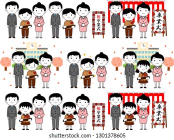 This is an illustration of agraduate student and parents at the Graduation ceremony. On the signboard is written a graduation ceremony.