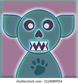 This is an illustration of an alien with scary teeth and scary eyes, and the symbol of a dog's paw on his chest