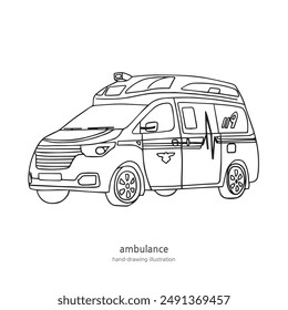 This is an illustration of an ambulance line for emergency patients in Korea. hand-drawn line illustration