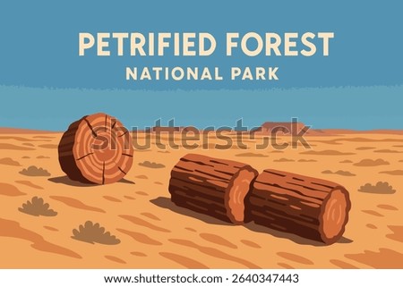 In this illustration, the ancient fossilized trees of Petrified Forest National Park stand stark against the backdrop of the Arizona desert.