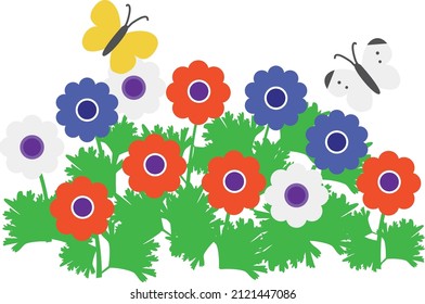 This is an illustration of anemones and butterflies with a white background.