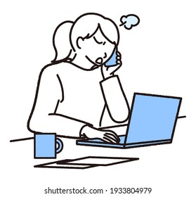 This is an illustration of an angry woman on her laptop while on the phone with her cell phone.