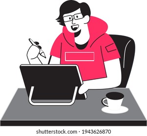 Dies ist eine Illustration über einen Freiberufler, der von zu Hause aus in covid 19 pandamischen Situation arbeitet.