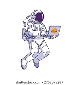 This is an illustration of an astronaut in a spacesuit working on a laptop with a planet displayed on the screen. The astronaut is depicted in a dynamic pose, with the laptop held in front of them. The image is a creative representation of space exploration and technology.
