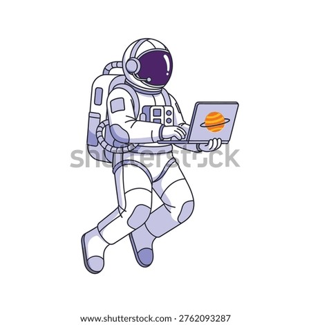 This is an illustration of an astronaut in a spacesuit working on a laptop with a planet displayed on the screen. The astronaut is depicted in a dynamic pose, with the laptop held in front of them. The image is a creative representation of space exploration and technology.