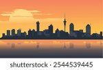 This illustration of Auckland, New Zealand, captures the city at sunset with stunning contrast between the dark silhouette of the skyline and the vibrant orange and yellow hues of the setting sun