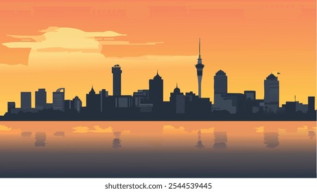 This illustration of Auckland, New Zealand, captures the city at sunset with stunning contrast between the dark silhouette of the skyline and the vibrant orange and yellow hues of the setting sun