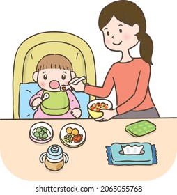 Esta es una ilustración de un bebé comiendo. Mamá está preparando una comida. El bebé está de mal humor.