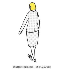 This is an illustration of the back view of a woman walking in a suit.