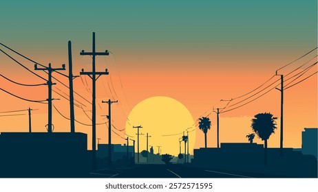 This illustration of Bakersfield, California, features a breathtaking sunset with a large, glowing sun casting an orange and yellow hue across the sky.