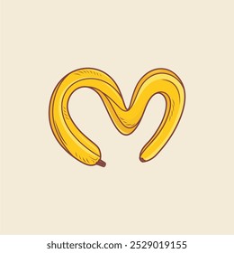 This is an illustration of a banana, which is shaped in such a way that it becomes a symbol or logo similar to a heart, the letters M and B when rotated. very suitable for logos for snacks or beverage