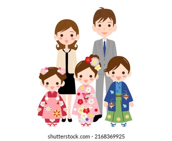 This illustration is based on a commemorative photo of a child in a kimono and parents in clothes.