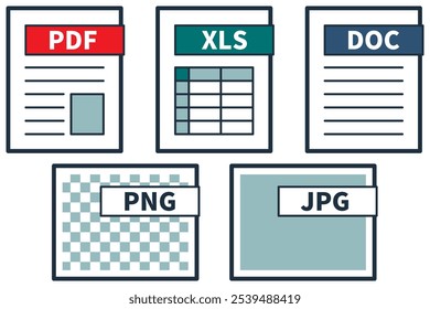 Esta es una ilustración basada en iconos de datos informáticos. Incluye los archivos PDF, XLS, DOC, PNG y JPG de uso común.