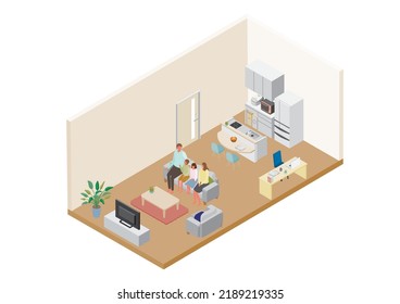 This illustration is based on the image of a detached living room, dining room, and kitchen.