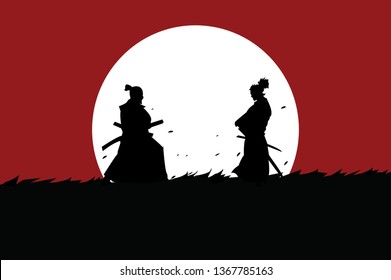 This is an illustration of the battle of two samurai in the meadow under the moonlight. This vector is usable for background t-shirt design, poster, brochure , sticker goody bag and mug. 