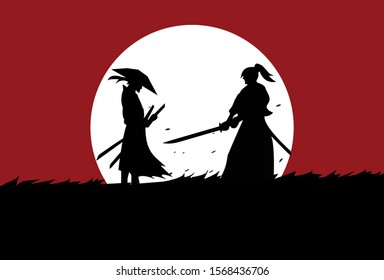 This is an illustration of the battle of two samurai in a meadow under the moonlight. This vector can be used to design background shirts, posters, brochures, bags and mugs.