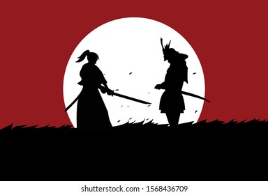 This is an illustration of the battle of two samurai in a meadow under the moonlight. This vector can be used to design background shirts, posters, brochures, bags and mugs.