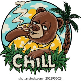 This is an illustration of a bear smoking and chill under a coconut tree.