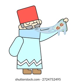 Dies ist eine Illustration eines bärtigen Mannes, der fröhlich schmelzende Pizza isst.