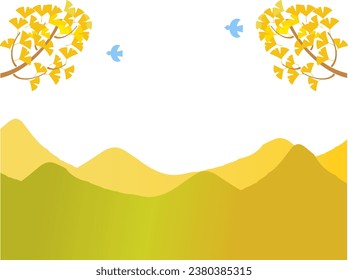 This is an illustration of a beautiful mountain range with autumn leaves and ginkgo trees.