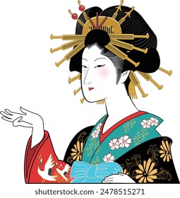 This is an illustration of a beautiful ukiyo-e woman guiding with her palm.