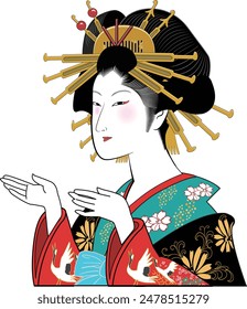 Das ist eine Illustration einer schönen Ukiyo-e Frau, die etwas ablenkt.