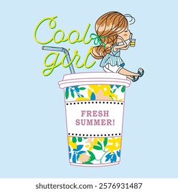 This illustration is a beautiful vector design of a cool girl sitting on a smoothie drink cup. It would be great for a t-shirt print.