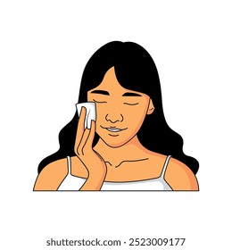 This is an illustration of a beautiful woman washing her face with a tissue, suitable for your needs