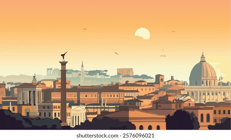 This illustration beautifully captures the ancient city of Rome during the golden hour. The warm hues of the setting sun create a breathtaking backdrop for the city’s iconic landmarks