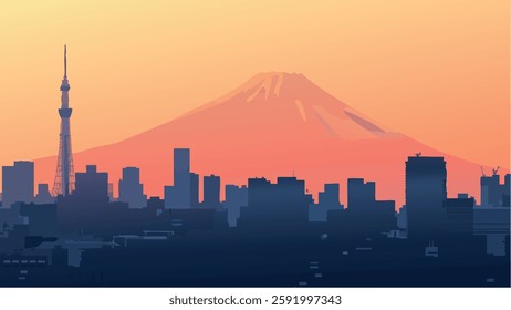 This illustration beautifully captures the contrast between the modern urban landscape of Tokyo and the timeless presence of Mount Fuji in the distance.