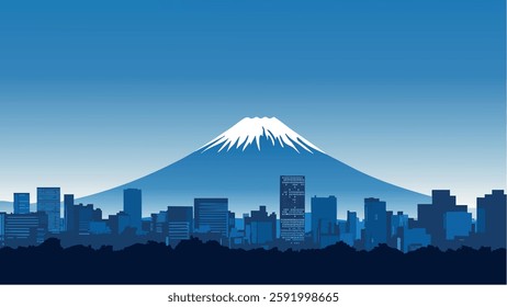 This illustration beautifully captures the contrast between the modern urban landscape of Tokyo and the timeless presence of Mount Fuji in the distance