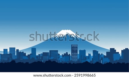 This illustration beautifully captures the contrast between the modern urban landscape of Tokyo and the timeless presence of Mount Fuji in the distance