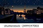 This illustration beautifully captures the enchanting city of Paris at sunset, with a stunning view of the Seine River. 