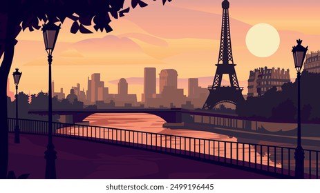 This illustration beautifully captures the enchanting city of Paris at sunset, with a stunning view of the Seine River.