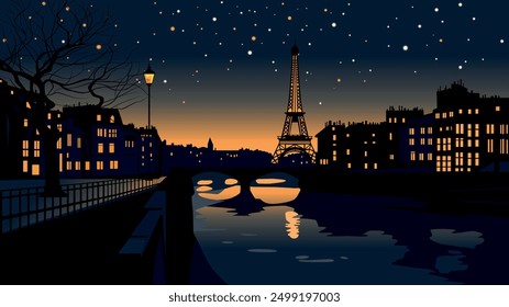 Esta ilustración captura maravillosamente la encantadora ciudad de París al atardecer, con una impresionante vista del río Sena. 