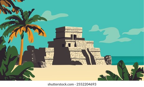 Esta ilustración captura maravillosamente la esencia de Tulum, México, donde la historia y la naturaleza se entrelazan