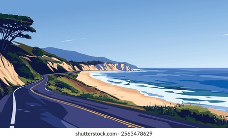 This illustration beautifully captures the essence of the Pacific Coast Highway (Highway 1), one of the most iconic roads in the United States. 