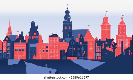 This illustration beautifully captures the essence of Amsterdam, Netherlands, showcasing its iconic canals, distinctive architecture, and serene atmosphere during the golden hour at sunset