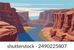 This illustration beautifully captures the grandeur of the Grand Canyon, showcasing its deep, rugged chasms and towering red rock formations