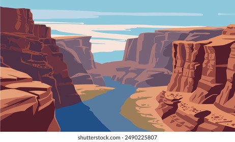 This illustration beautifully captures the grandeur of the Grand Canyon, showcasing its deep, rugged chasms and towering red rock formations