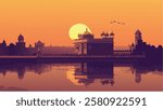 This illustration beautifully captures the iconic Golden Temple (Harmandir Sahib) in Amritsar, India, bathed in the warm hues of a setting sun.