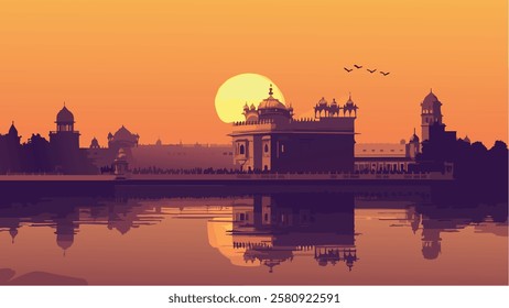 This illustration beautifully captures the iconic Golden Temple (Harmandir Sahib) in Amritsar, India, bathed in the warm hues of a setting sun.
